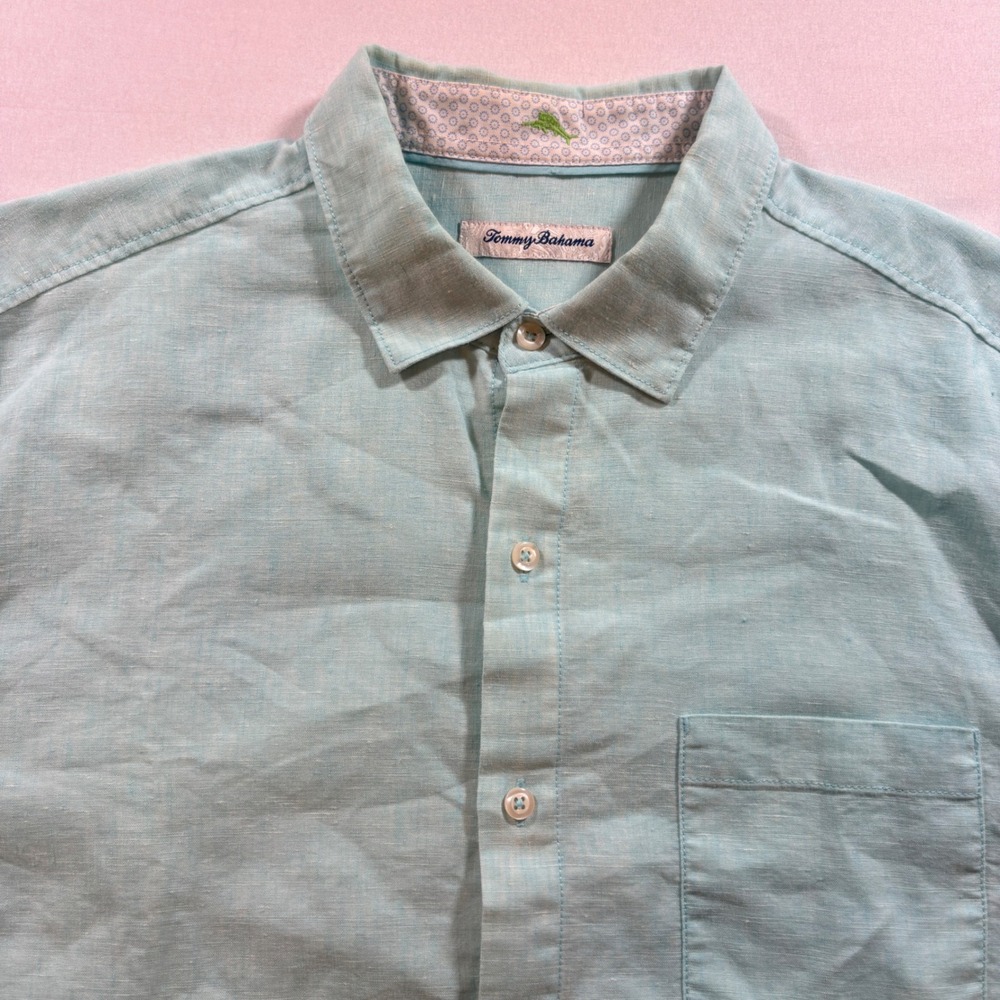 Tommy Bahama Linen Blend Button Down Shirt Mens Large Aqua Blue Long Sleeve
